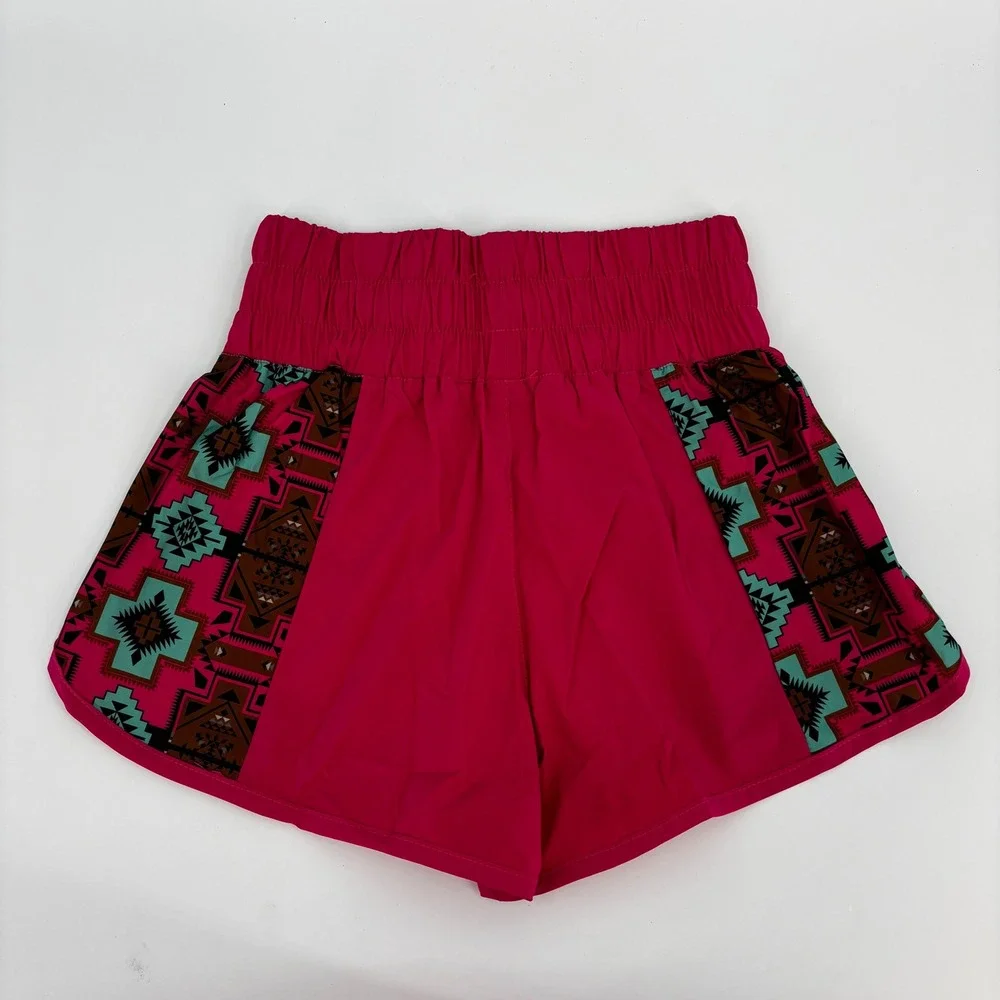 2FLY Co Athletic Shorts Women Large Pink Southwestern Aztec Smocked Waist New